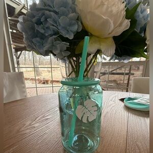 Aqua Glass Tumbler with Straw and Leaf Design